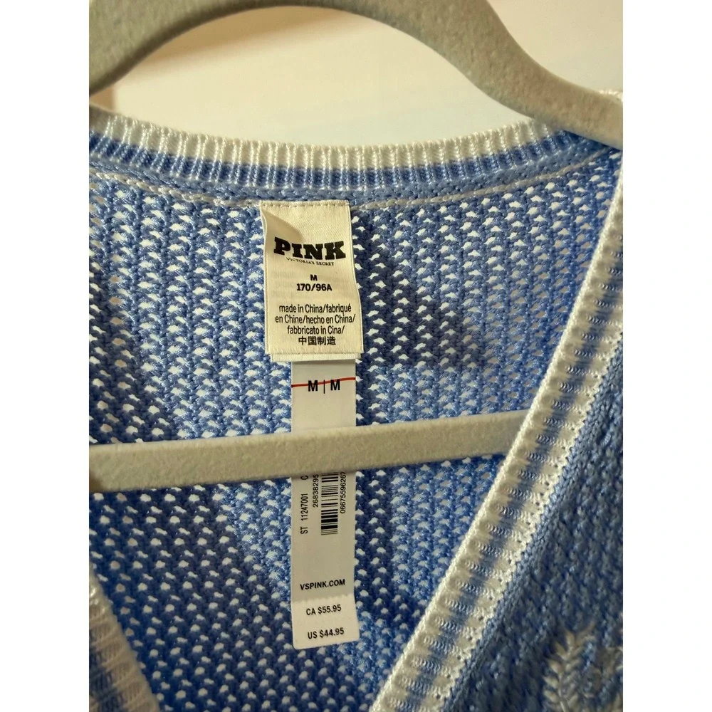 Victoria's Secret PINK Blue Open Knit V-Neck Sweater Vest Crest Logo NWT Medium - Picture 4 of 13